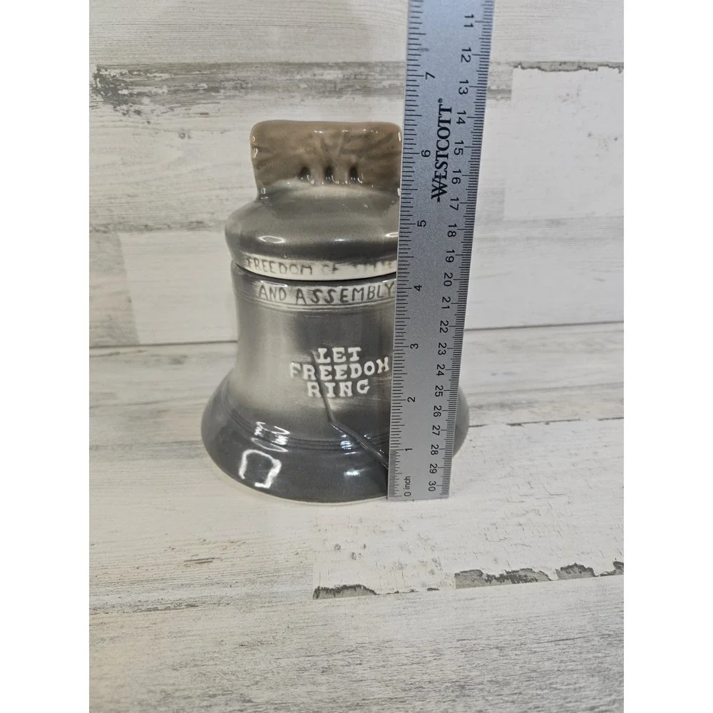 Vintage House of Webster Liberty Bell Ceramic Cookie Jar Canister Gray Texas